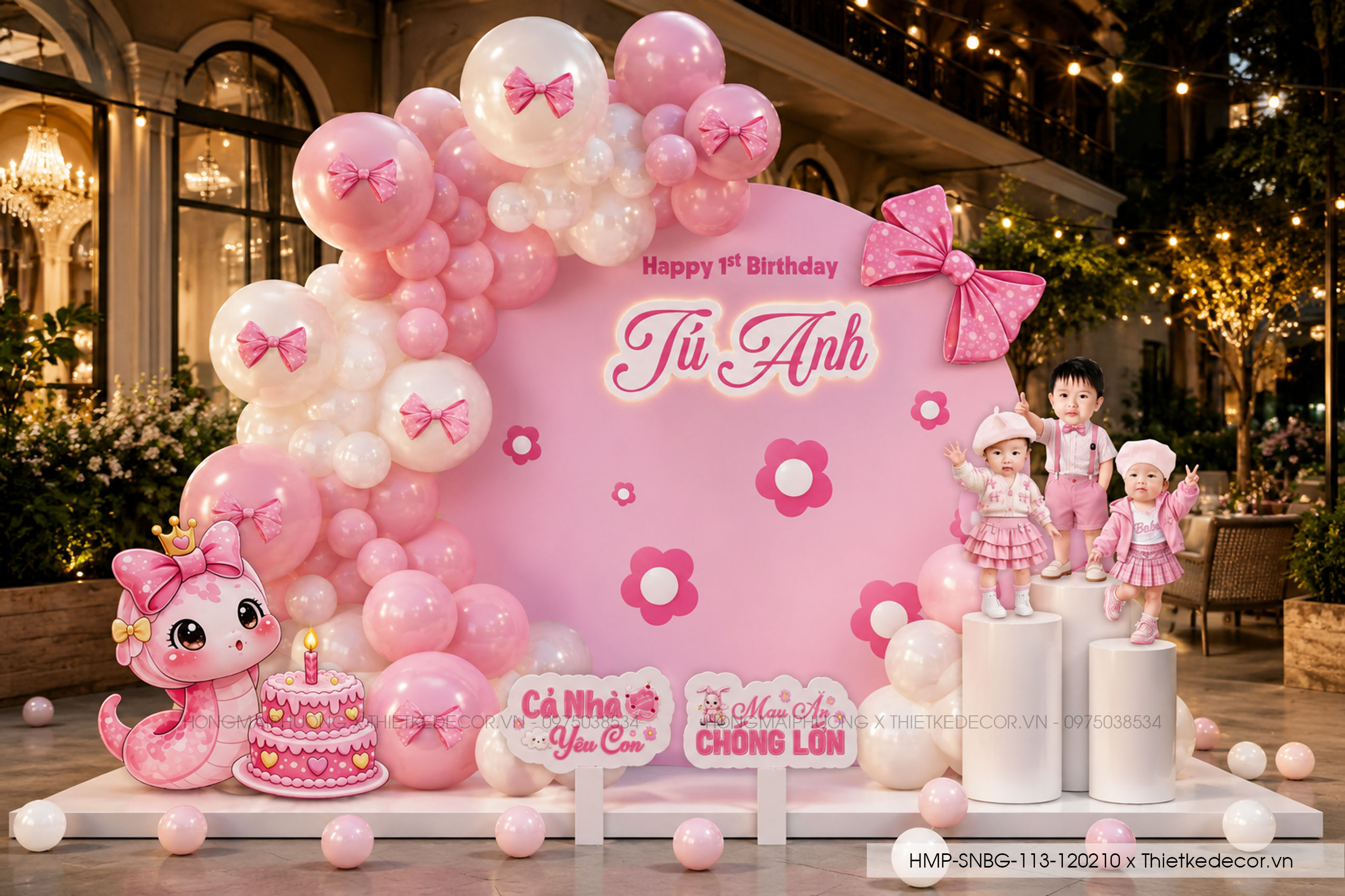 File thiết kế decor trang trí tiệc sinh nhật bé gái tuổi tỵ - rắn mix nơ, bong bóng cute dễ thương đáng yêu tone hồng